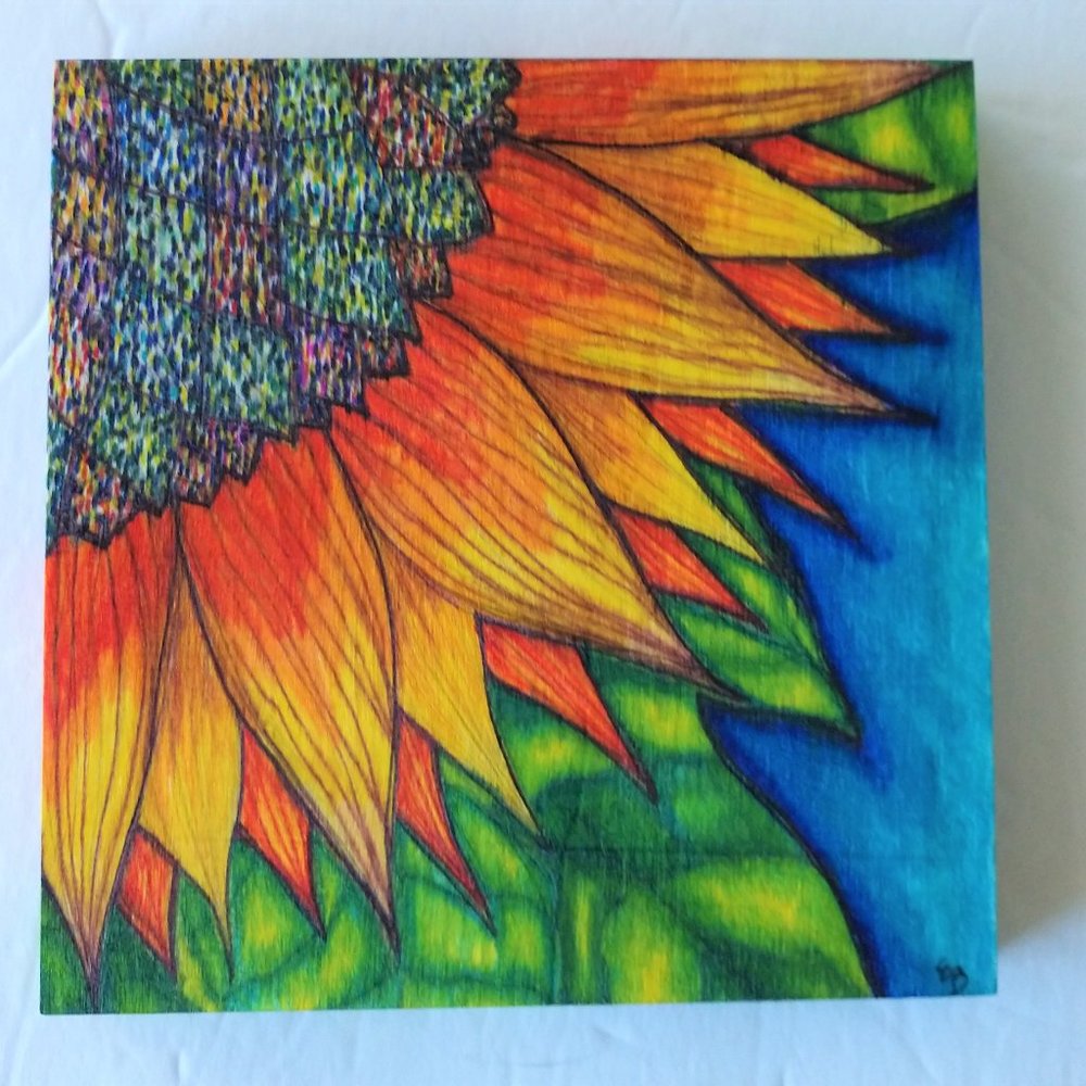 Handmade Drawing of a Sunflower on Wooden Block Canvas Pencil & Ink Art 6x6 NWT